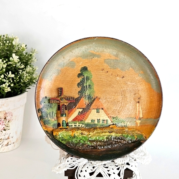 Vintage Unique Wooden Hand Carved 3D Holland Movable Windmill Decorative Plate - Picture 1 of 11